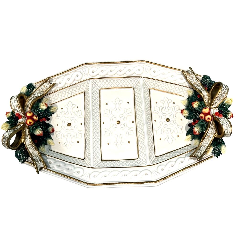 Fitz and Floyd Christmas Snowy Woods 18 x 11 Divided Serving Tray Platter-Nice!